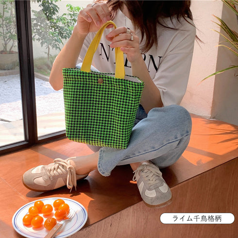 ミニトートバッグ レディース 11色 韓国 ハンドバッグ サブバッグ チェック柄 千鳥格柄 可愛い オシャレ シンプル 手提げ 収納バッグ お散歩バッグ 人気 99SUBB-016
