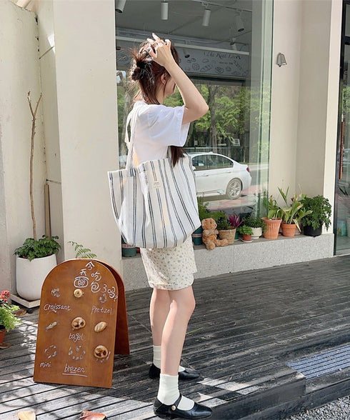 トートバッグ 綿麻 ストライプ柄 韓国風 レディース 肩掛けバッグ 軽量バッグ 大きめ a4収納 大容量 カジュアル 大人 可愛い 通勤通学 韓国ファッション 99SUBB-024