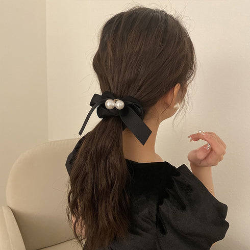 シュシュ ヘアゴム パール リボン 韓国 ヘアアクセサリー サテン まとめ髪 髪飾り ヘアアレンジ オフィスカジュアル 光沢 大人可愛い 女子会 パーティー 99SXDZ-004