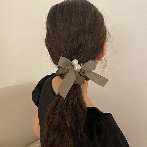 シュシュ ヘアゴム パール リボン 韓国 ヘアアクセサリー サテン まとめ髪 髪飾り ヘアアレンジ オフィスカジュアル 光沢 大人可愛い 女子会 パーティー 99SXDZ-004