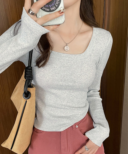 長袖Tシャツ レディース スクエアネック 細身Tシャツ 無地 セクシー 細見え オルチャン 着やせ 大人 おしゃれ フィット フェミニン 99TZM-001