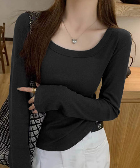 長袖Tシャツ レディース スクエアネック 細身Tシャツ 無地 セクシー 細見え オルチャン 着やせ 大人 おしゃれ フィット フェミニン 99TZM-001