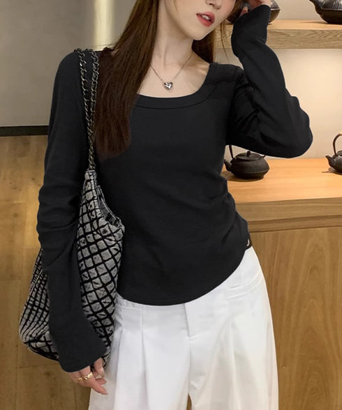 長袖Tシャツ レディース スクエアネック 細身Tシャツ 無地 セクシー 細見え オルチャン 着やせ 大人 おしゃれ フィット フェミニン 99TZM-001