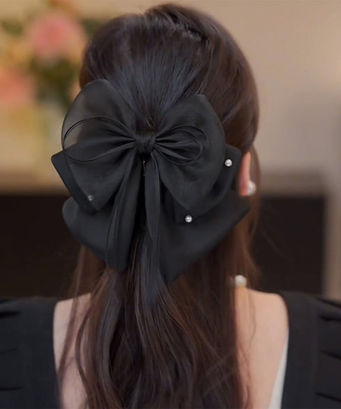 ヘアクリップ 大きめ レディース リボン バンスクリップ ヘアアレンジ アクセ 髪飾り 髪留め パール飾り 可愛い オルチャン お洒落 結婚式 発表会 99TZSP-001