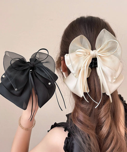 ヘアクリップ 大きめ レディース リボン バンスクリップ ヘアアレンジ アクセ 髪飾り 髪留め パール飾り 可愛い オルチャン お洒落 結婚式 発表会 99TZSP-001