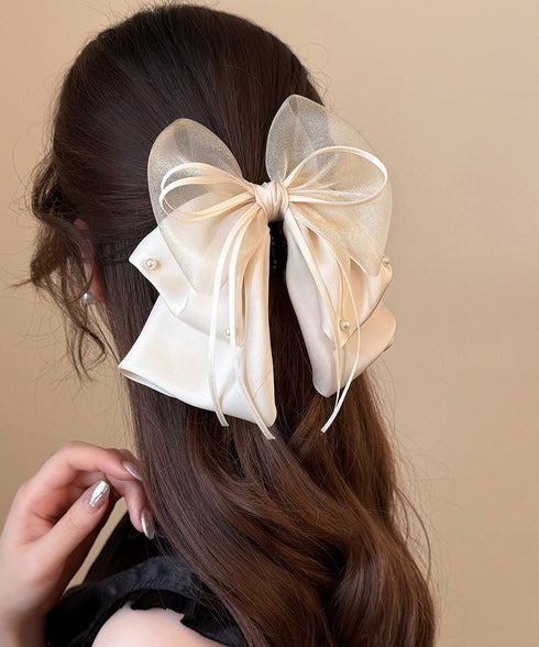 ヘアクリップ 大きめ レディース リボン バンスクリップ ヘアアレンジ アクセ 髪飾り 髪留め パール飾り 可愛い オルチャン お洒落 結婚式 発表会 99TZSP-001