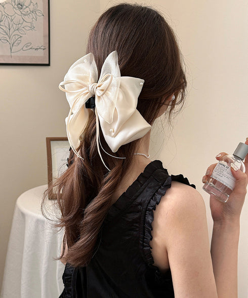 ヘアクリップ 大きめ レディース リボン バンスクリップ ヘアアレンジ アクセ 髪飾り 髪留め パール飾り 可愛い オルチャン お洒落 結婚式 発表会 99TZSP-001