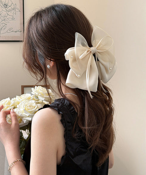 ヘアクリップ 大きめ レディース リボン バンスクリップ ヘアアレンジ アクセ 髪飾り 髪留め パール飾り 可愛い オルチャン お洒落 結婚式 発表会 99TZSP-001