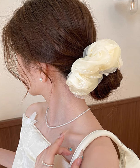 オーガンジーシュシュ パール付き 無地 ボリュームヘアゴム 髪飾り 髪留め オルチャン 大人っぽい かわいい お洒落 プレゼント デート 発表会 フェミニン 99TZSP-008