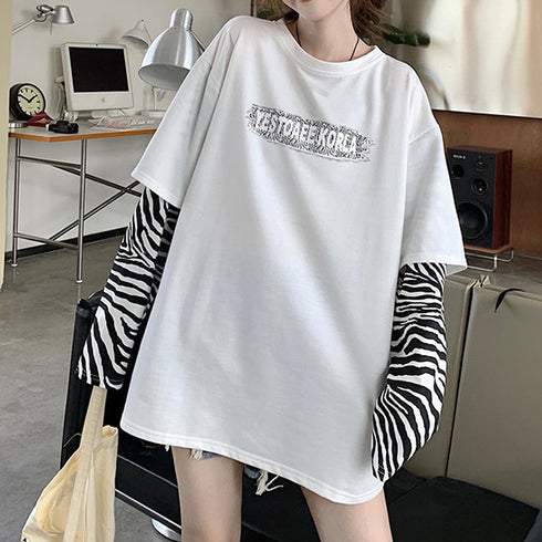 Tシャツ レディース トップス 重ね着風 カットソー ゼブラ柄 ロゴTシャツ デイリー ゆったり 長袖トップス 春秋冬 オルチャン シンプル 99WBX-008