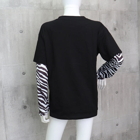 Tシャツ レディース トップス 重ね着風 カットソー ゼブラ柄 ロゴTシャツ デイリー ゆったり 長袖トップス 春秋冬 オルチャン シンプル 99WBX-008
