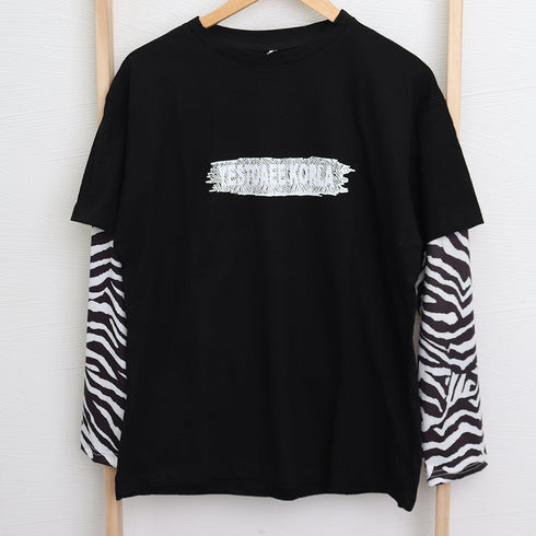 Tシャツ レディース トップス 重ね着風 カットソー ゼブラ柄 ロゴTシャツ デイリー ゆったり 長袖トップス 春秋冬 オルチャン シンプル 99WBX-008