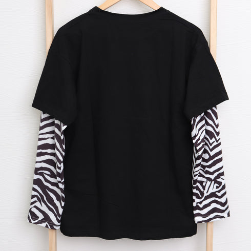 Tシャツ レディース トップス 重ね着風 カットソー ゼブラ柄 ロゴTシャツ デイリー ゆったり 長袖トップス 春秋冬 オルチャン シンプル 99WBX-008