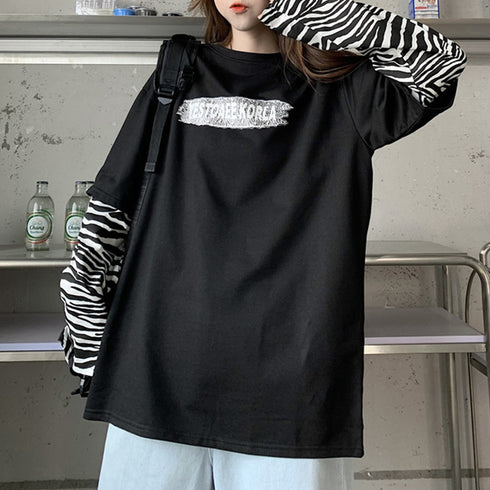 Tシャツ レディース トップス 重ね着風 カットソー ゼブラ柄 ロゴTシャツ デイリー ゆったり 長袖トップス 春秋冬 オルチャン シンプル 99WBX-008
