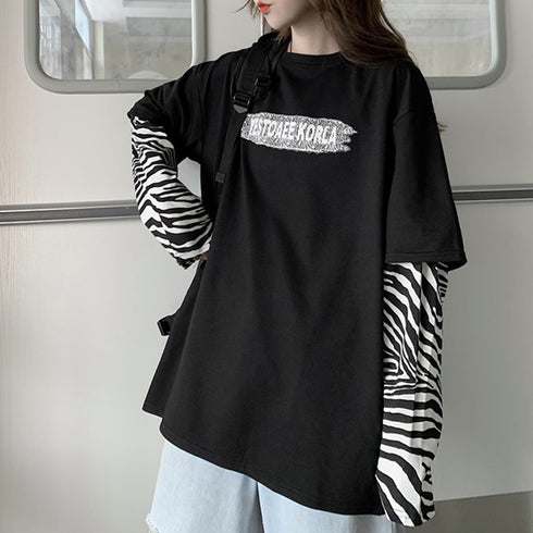 Tシャツ レディース トップス 重ね着風 カットソー ゼブラ柄 ロゴTシャツ デイリー ゆったり 長袖トップス 春秋冬 オルチャン シンプル 99WBX-008