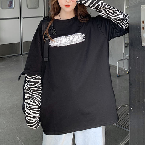 Tシャツ レディース トップス 重ね着風 カットソー ゼブラ柄 ロゴTシャツ デイリー ゆったり 長袖トップス 春秋冬 オルチャン シンプル 99WBX-008