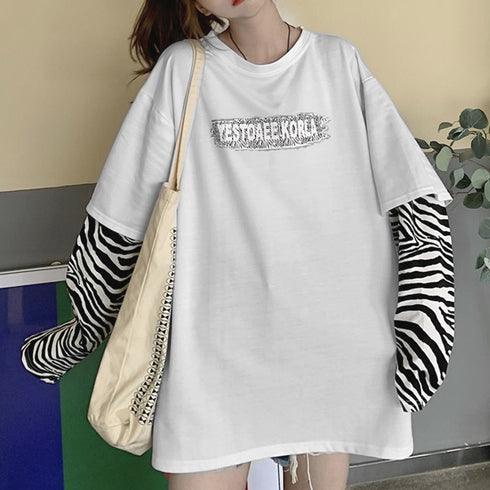 Tシャツ レディース トップス 重ね着風 カットソー ゼブラ柄 ロゴTシャツ デイリー ゆったり 長袖トップス 春秋冬 オルチャン シンプル 99WBX-008