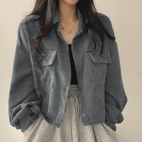 コーデュロイ ジャケット レディース長袖 シャツジャケット 韓国風 レトロ アウター 襟付き ボタン コードロック ジャケット ショート丈 カジュアル おしゃれ 99WBX-011