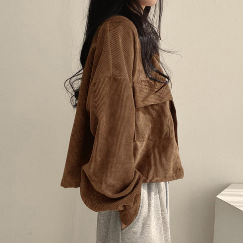 コーデュロイ ジャケット レディース長袖 シャツジャケット 韓国風 レトロ アウター 襟付き ボタン コードロック ジャケット ショート丈 カジュアル おしゃれ 99WBX-011
