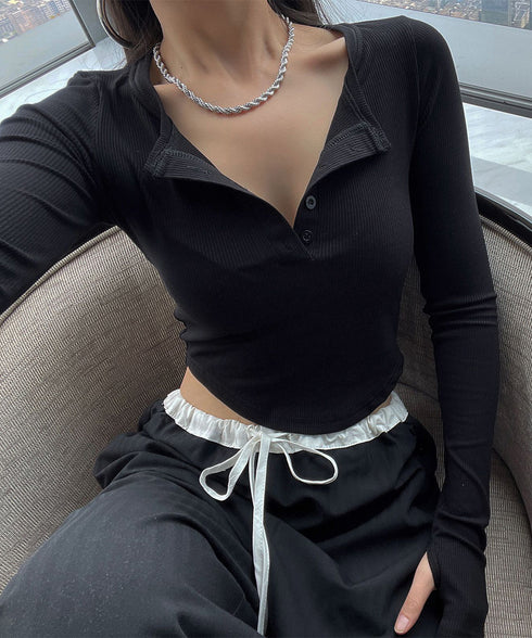 長袖Tシャツ レディース ボタン 無地 細身Tシャツ セクシー 細見え オルチャン 着やせ 大人 シンプル おしゃれ フィットフェミニン 着回し 99WBX-016