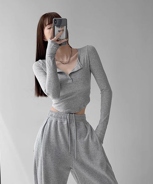 長袖Tシャツ レディース ボタン 無地 細身Tシャツ セクシー 細見え オルチャン 着やせ 大人 シンプル おしゃれ フィットフェミニン 着回し 99WBX-016