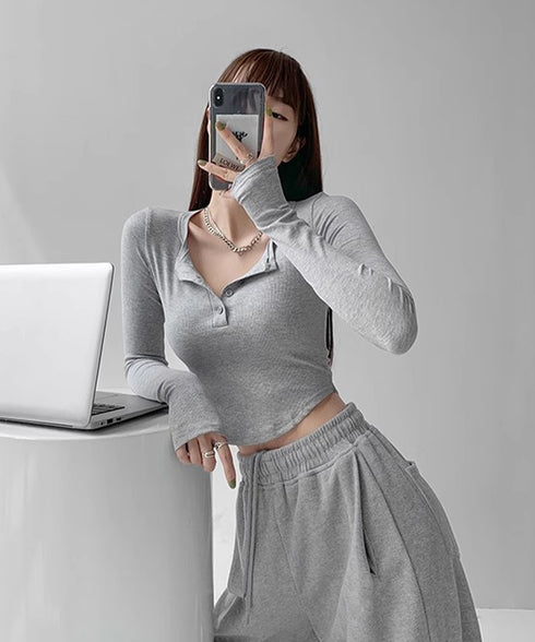 長袖Tシャツ レディース ボタン 無地 細身Tシャツ セクシー 細見え オルチャン 着やせ 大人 シンプル おしゃれ フィットフェミニン 着回し 99WBX-016