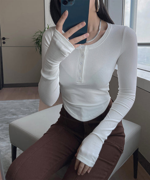 長袖Tシャツ レディース ボタン 無地 細身Tシャツ セクシー 細見え オルチャン 着やせ 大人 シンプル おしゃれ フィットフェミニン 着回し 99WBX-016