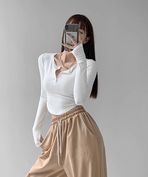 長袖Tシャツ レディース ボタン 無地 細身Tシャツ セクシー 細見え オルチャン 着やせ 大人 シンプル おしゃれ フィットフェミニン 着回し 99WBX-016