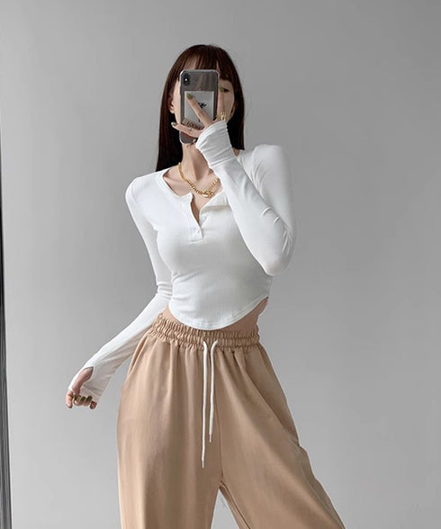 長袖Tシャツ レディース ボタン 無地 細身Tシャツ セクシー 細見え オルチャン 着やせ 大人 シンプル おしゃれ フィットフェミニン 着回し 99WBX-016