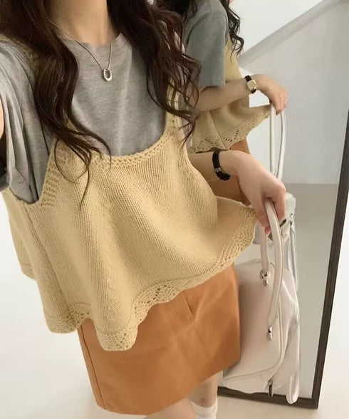 ニットベスト レディース 編み Aライン ニットジレ 春秋ベスト ニットキャミソール チョッキ Uネック深め レイヤード 重ね着 韓国風 カジュアル 99WFZY-001