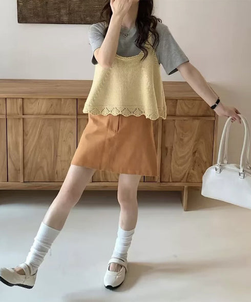 ニットベスト レディース 編み Aライン ニットジレ 春秋ベスト ニットキャミソール チョッキ Uネック深め レイヤード 重ね着 韓国風 カジュアル 99WFZY-001