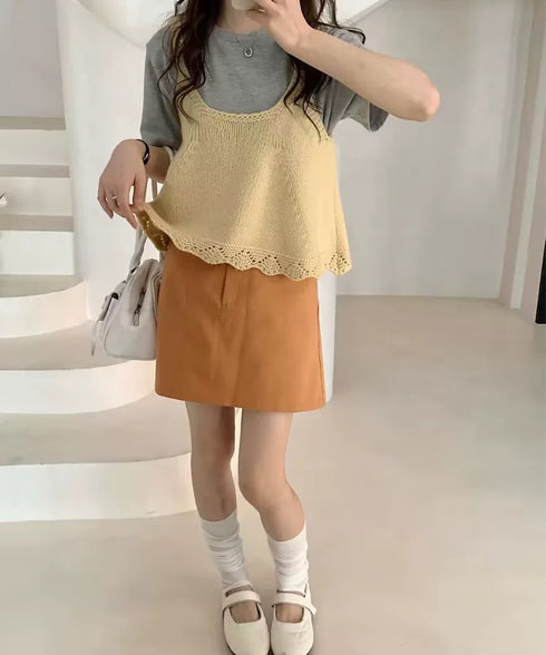 ニットベスト レディース 編み Aライン ニットジレ 春秋ベスト ニットキャミソール チョッキ Uネック深め レイヤード 重ね着 韓国風 カジュアル 99WFZY-001