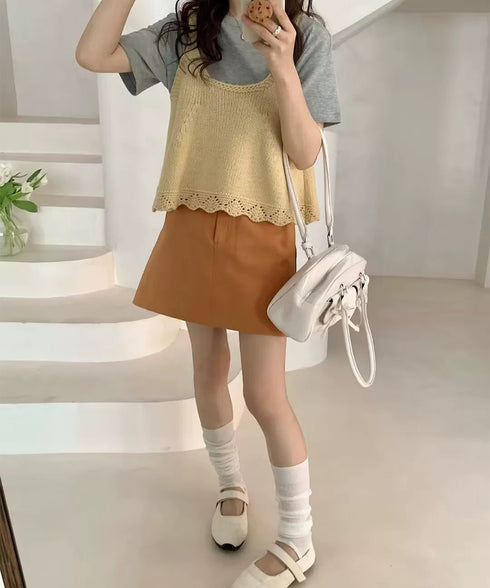 ニットベスト レディース 編み Aライン ニットジレ 春秋ベスト ニットキャミソール チョッキ Uネック深め レイヤード 重ね着 韓国風 カジュアル 99WFZY-001