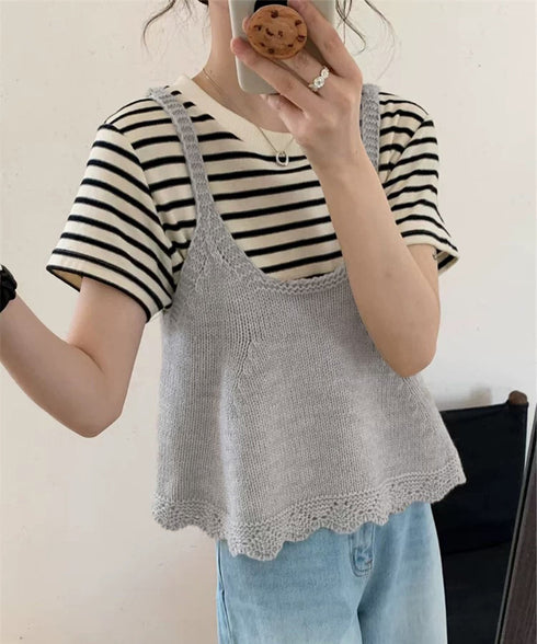 ニットベスト レディース 編み Aライン ニットジレ 春秋ベスト ニットキャミソール チョッキ Uネック深め レイヤード 重ね着 韓国風 カジュアル 99WFZY-001