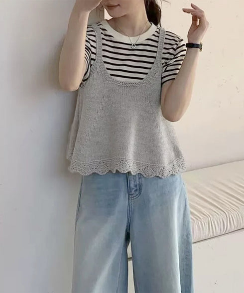 ニットベスト レディース 編み Aライン ニットジレ 春秋ベスト ニットキャミソール チョッキ Uネック深め レイヤード 重ね着 韓国風 カジュアル 99WFZY-001