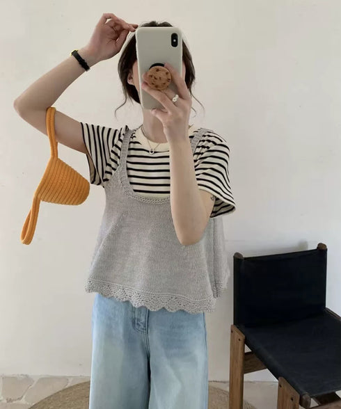 ニットベスト レディース 編み Aライン ニットジレ 春秋ベスト ニットキャミソール チョッキ Uネック深め レイヤード 重ね着 韓国風 カジュアル 99WFZY-001