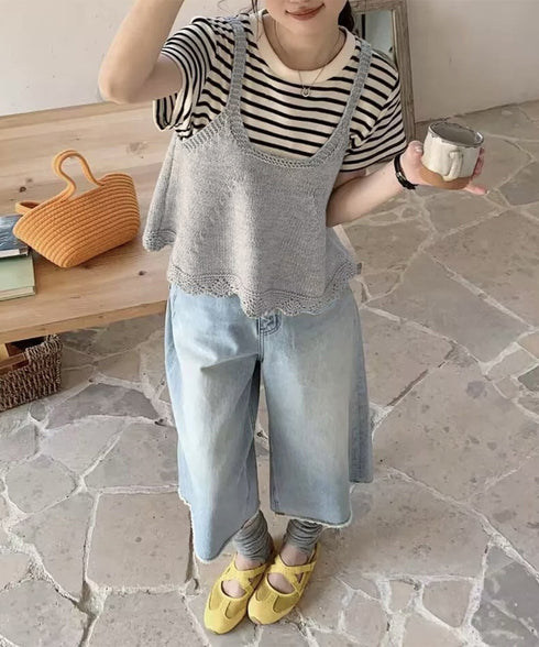 ニットベスト レディース 編み Aライン ニットジレ 春秋ベスト ニットキャミソール チョッキ Uネック深め レイヤード 重ね着 韓国風 カジュアル 99WFZY-001