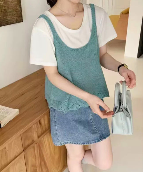 ニットベスト レディース 編み Aライン ニットジレ 春秋ベスト ニットキャミソール チョッキ Uネック深め レイヤード 重ね着 韓国風 カジュアル 99WFZY-001