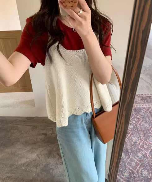 ニットベスト レディース 編み Aライン ニットジレ 春秋ベスト ニットキャミソール チョッキ Uネック深め レイヤード 重ね着 韓国風 カジュアル 99WFZY-001