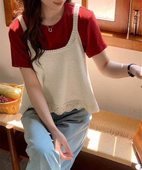 ニットベスト レディース 編み Aライン ニットジレ 春秋ベスト ニットキャミソール チョッキ Uネック深め レイヤード 重ね着 韓国風 カジュアル 99WFZY-001