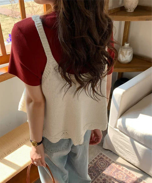 ニットベスト レディース 編み Aライン ニットジレ 春秋ベスト ニットキャミソール チョッキ Uネック深め レイヤード 重ね着 韓国風 カジュアル 99WFZY-001