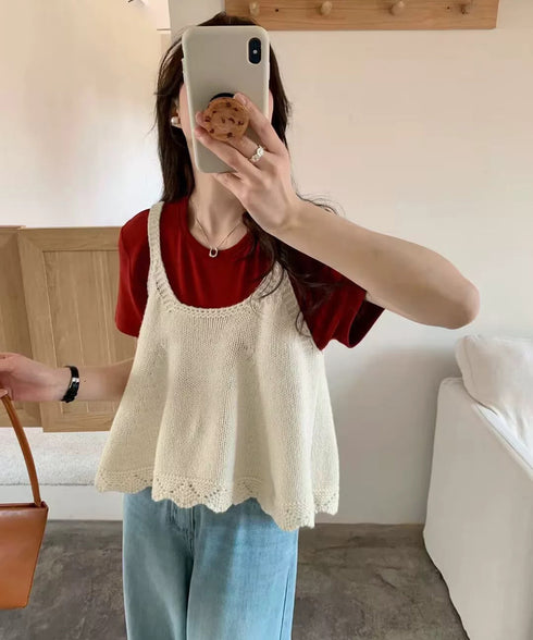 ニットベスト レディース 編み Aライン ニットジレ 春秋ベスト ニットキャミソール チョッキ Uネック深め レイヤード 重ね着 韓国風 カジュアル 99WFZY-001