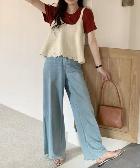 ニットベスト レディース 編み Aライン ニットジレ 春秋ベスト ニットキャミソール チョッキ Uネック深め レイヤード 重ね着 韓国風 カジュアル 99WFZY-001