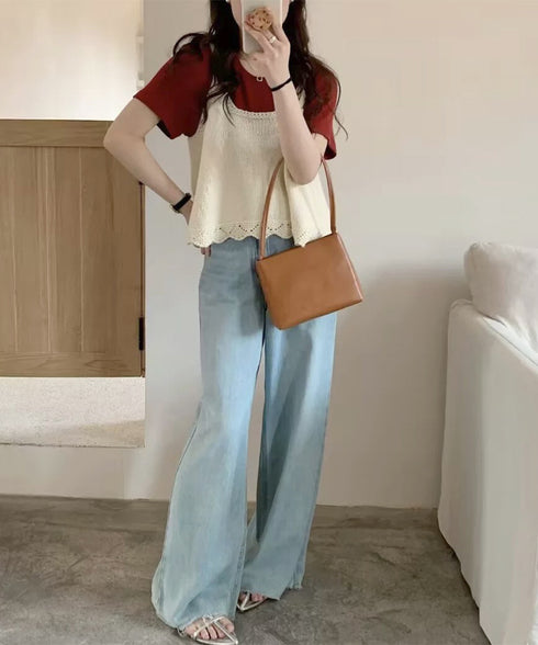 ニットベスト レディース 編み Aライン ニットジレ 春秋ベスト ニットキャミソール チョッキ Uネック深め レイヤード 重ね着 韓国風 カジュアル 99WFZY-001