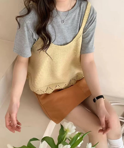 ニットベスト レディース 編み Aライン ニットジレ 春秋ベスト ニットキャミソール チョッキ Uネック深め レイヤード 重ね着 韓国風 カジュアル 99WFZY-001