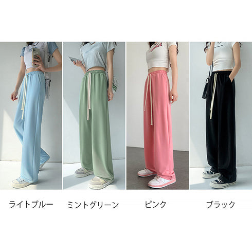 セミワイドパンツ ハイウエスト 全4色 レディース ストレートパンツ ウエストゴム 薄手 韓国風 脚長 カジュアル 楽ちん おしゃれ リラックス 春夏秋 人気 99WLFS-001