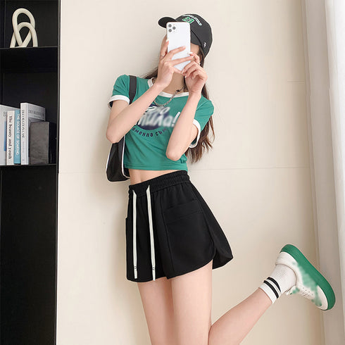 ショートパンツ ハイウエスト短パン 韓国 レディースボトムス Aライン セクシー ホットパンツ ウエストゴム ゆったり 体型カバー カジュアル 脚長 おしゃれ 夏 99WLFS-008