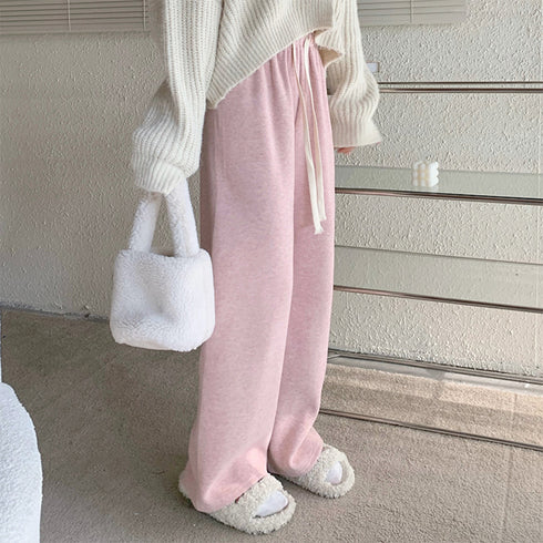 セミワイドパンツ 秋冬ルームウェア 韓国 レディースボトムス ストレートパンツ ロングパンツ ウエストゴム 暖かい カジュアル おしゃれ スウェットパンツ 99WLFS-009