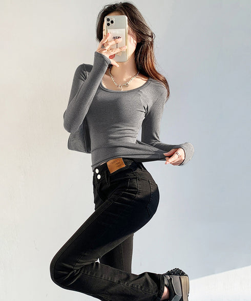 長袖Tシャツ ショート丈 Uネック 韓国 レディーストップス カットソー プルオーバー インナー セクシー シンプル 可愛い フィット 裏微起毛 部屋着 春秋冬 99XCFS-001