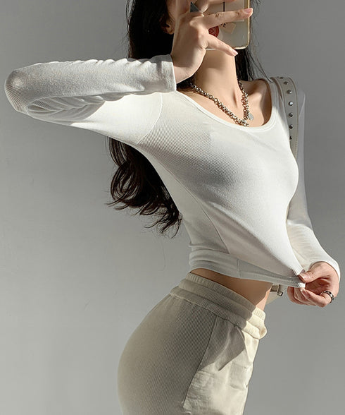 長袖Tシャツ ショート丈 Uネック 韓国 レディーストップス カットソー プルオーバー インナー セクシー シンプル 可愛い フィット 裏微起毛 部屋着 春秋冬 99XCFS-001